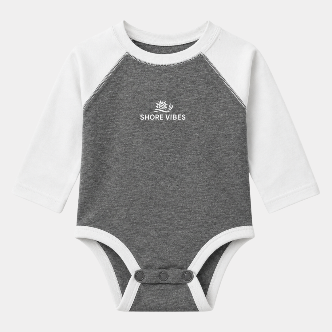 Shore Vibes Baby Raglan Onesie – Heather Gray & White