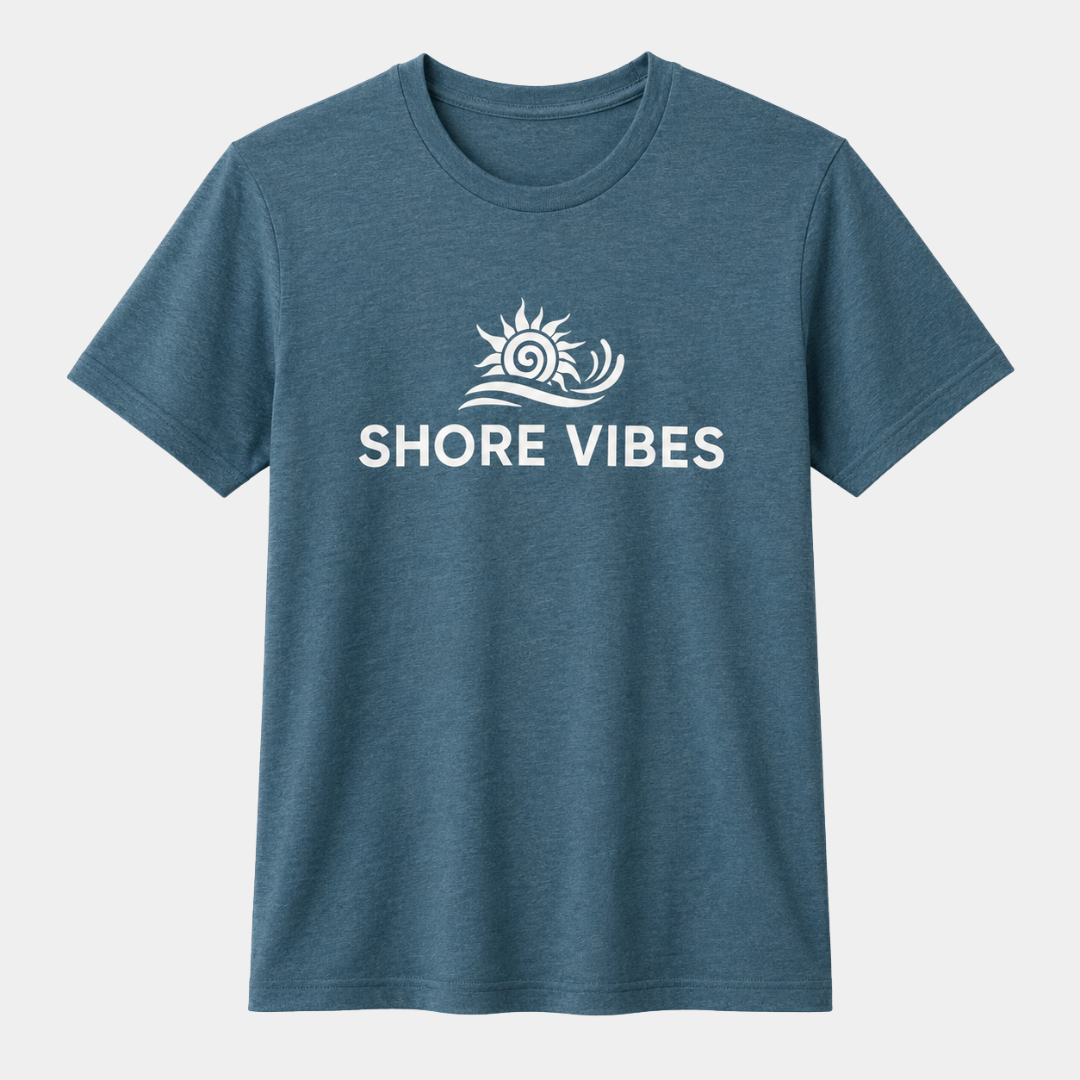 Shore Vibes Sun & Wave Logo Tee – Heather Blue