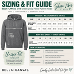 Size and fit guide with garment measurements for the BELLA+CANVAS 3719 unisex pullover hoodie