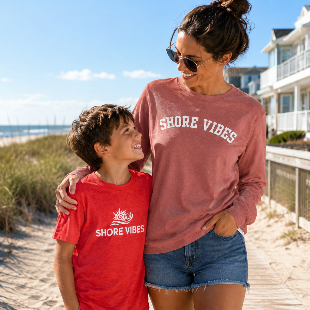 Shore Vibes Kids Sun & Wave Logo Tee – Red