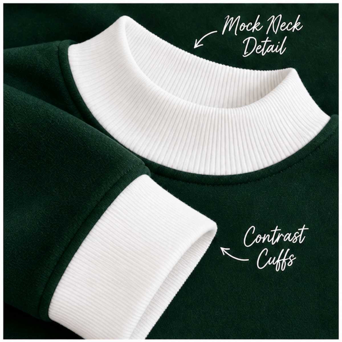 White ribbed mock neck and cuff details on dark green women’s sweatshirt