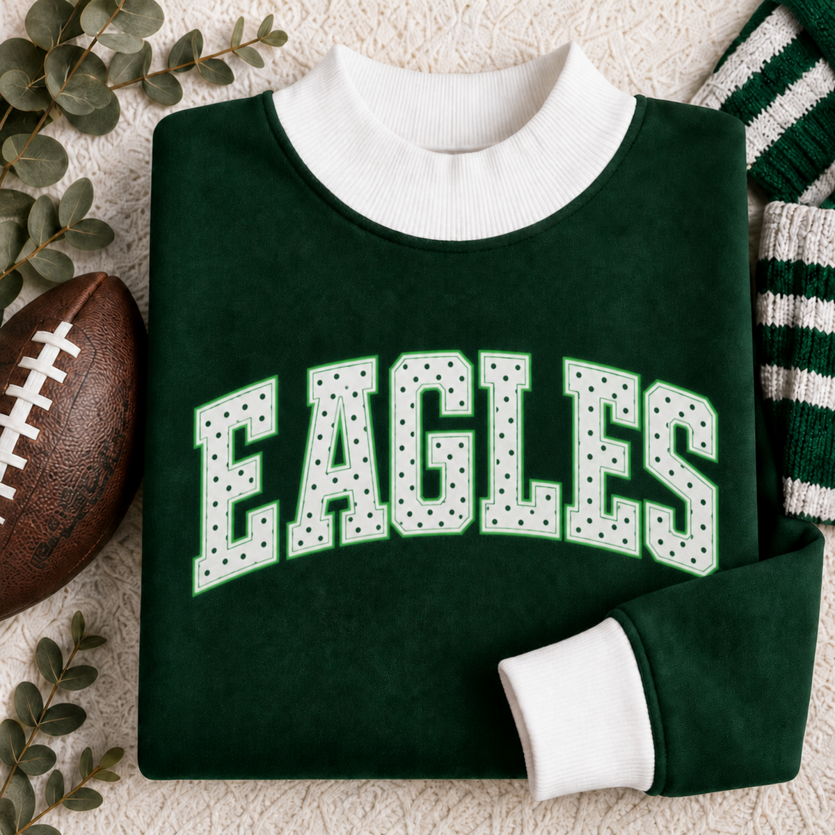 Folded dark green and white EAGLES polka dot mock neck sweatshirt for women