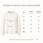Women’s mock neck sweatshirt size chart with garment measurements