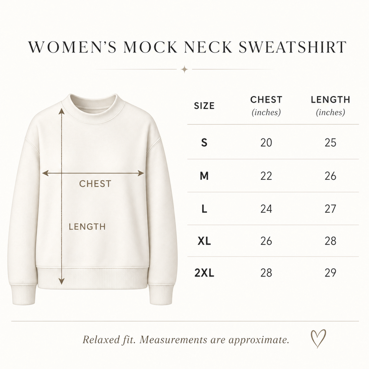 Women’s mock neck sweatshirt size chart with garment measurements