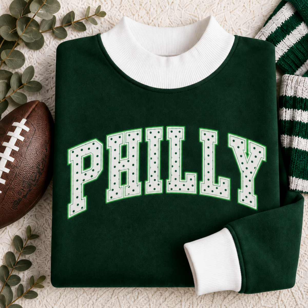 Folded dark green and white PHILLY polka dot mock neck sweatshirt for women