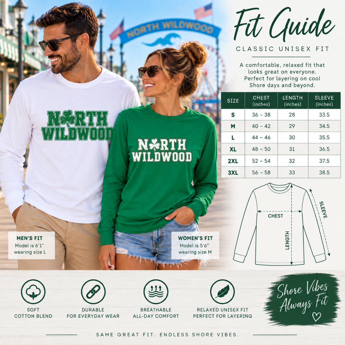 North Wildwood Irish Weekend unisex long sleeve shirt size and fit guide for men and women
