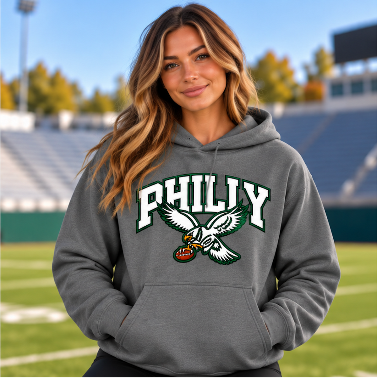 Woman wearing a heather gray Philly pullover hoodie with white and green varsity PHILLY lettering and an eagle carrying a football on the chest
