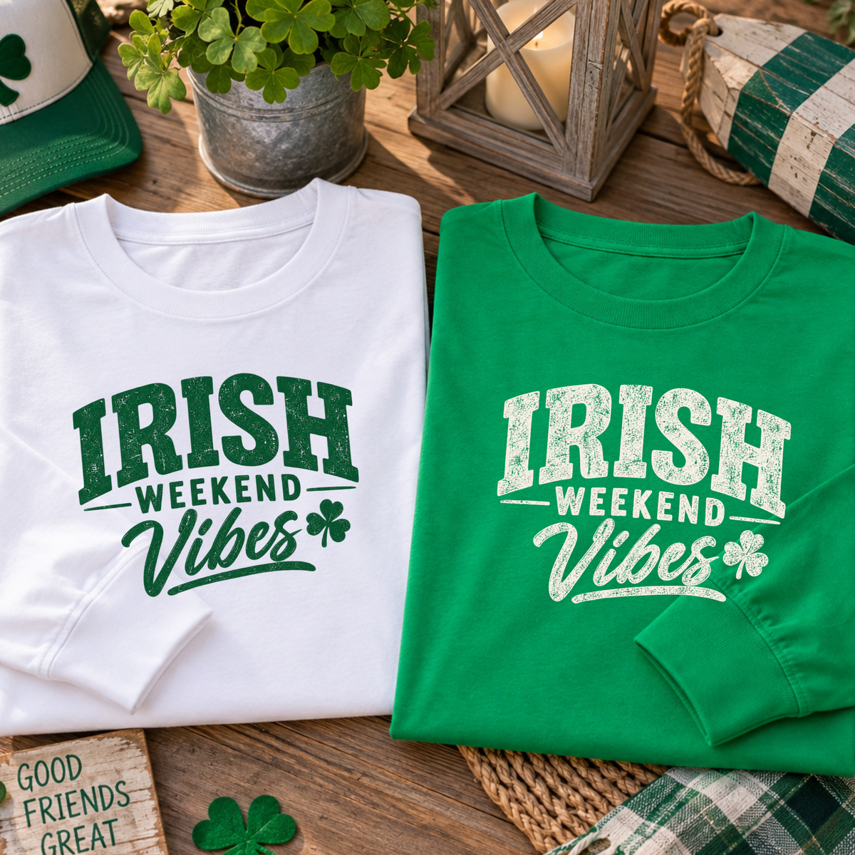 Kelly Green and White Irish Weekend Vibes long sleeve shirts for Jersey Shore Irish festival season