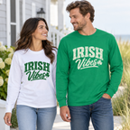 Irish Vibes long sleeve shirts in white and Kelly Green on male and female models