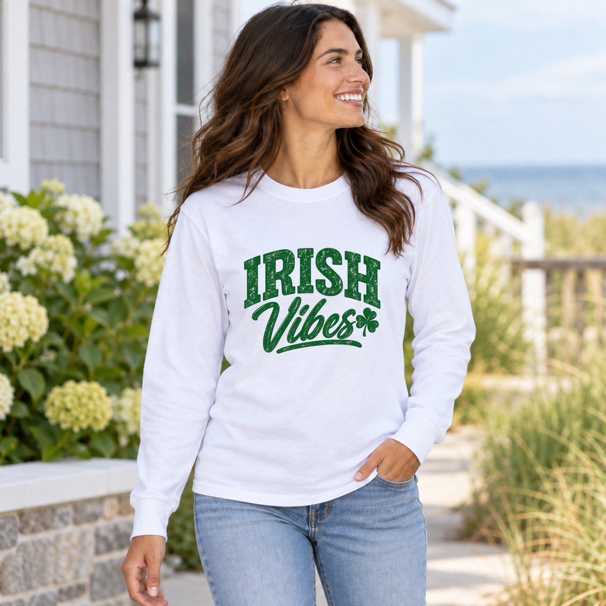 Women’s white Irish Vibes long sleeve shirt for North Wildwood Irish Weekend