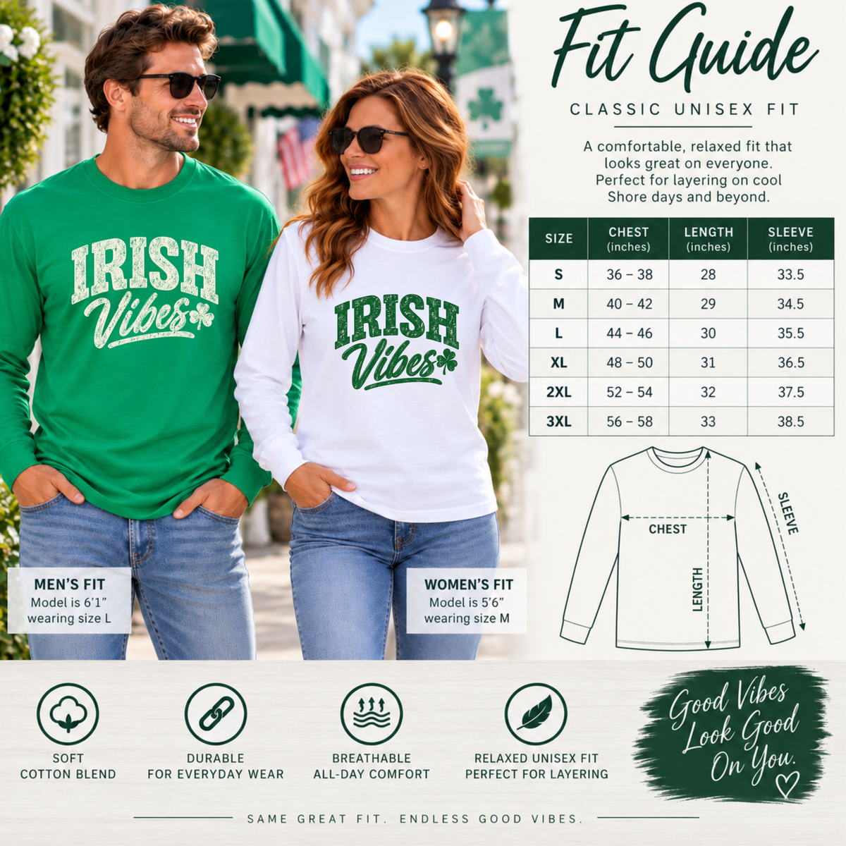 Port & Co PC55LS Irish Vibes long sleeve shirt unisex fit and size guide