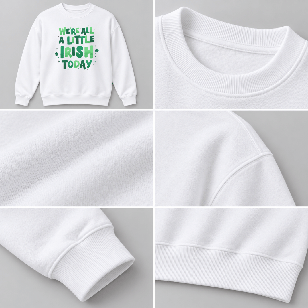 Collage showing the Irish Today design, white fabric, neckline, shoulder seam, cuff and hem