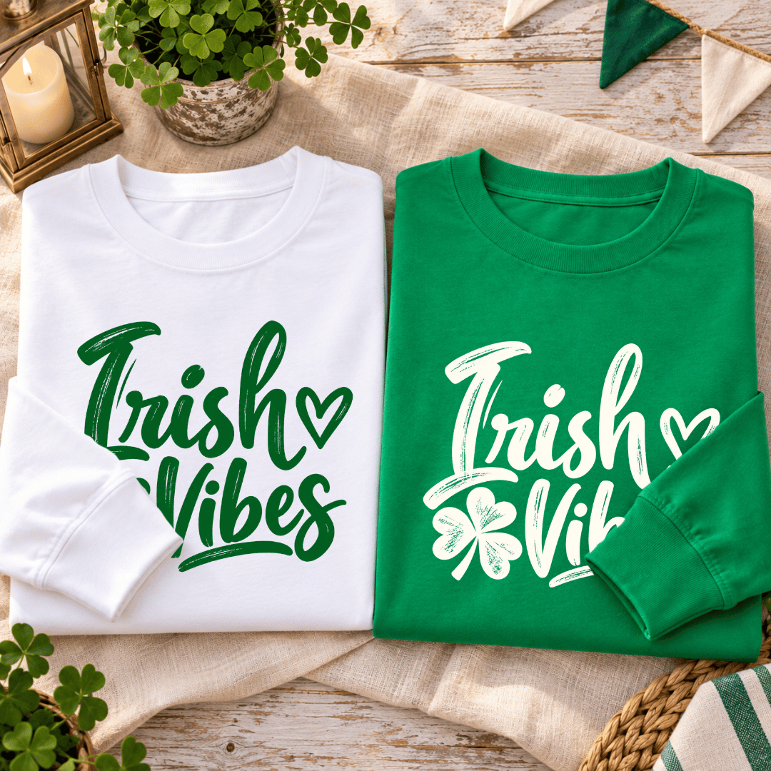 Folded white and Kelly Green Irish Vibes sweatshirts showing their coordinating green and white designs.