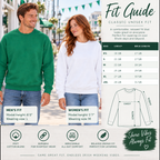 Irish Vibes sweatshirt fit guide showing the two color options and garment size chart.