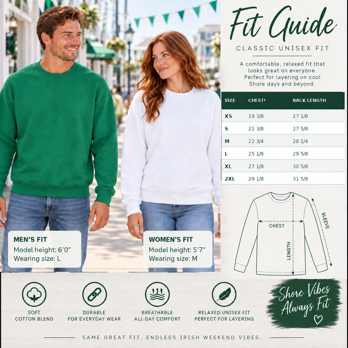 Irish Vibes sweatshirt fit guide showing the two color options and garment size chart.