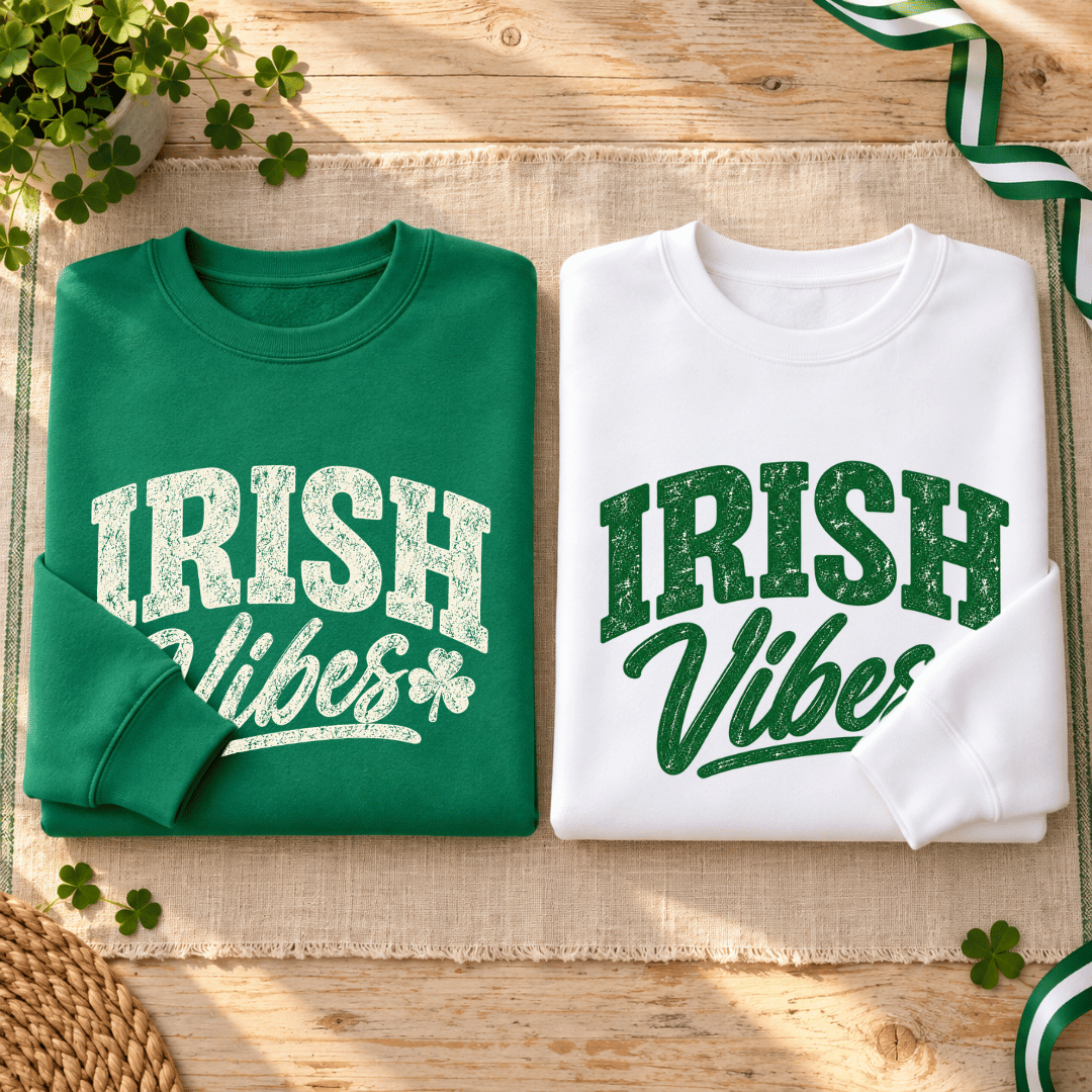 Folded Kelly Green and white sweatshirts showing their contrasting distressed IRISH Vibes graphics