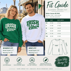 Fit guide showing the Kelly Green and white Irish Vibes sweatshirts alongside a garment size chart