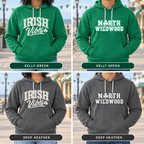 Four hoodie combinations showing Irish Vibes and North Wildwood graphics in Kelly Green and Deep Heather