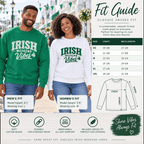 Fit guide showing the Kelly Green and white sweatshirts alongside the garment size chart