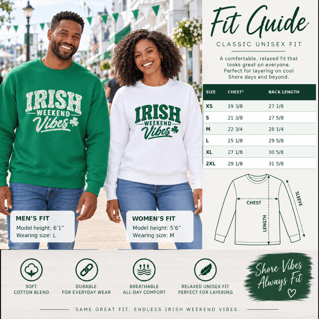 Fit guide showing the Kelly Green and white sweatshirts alongside the garment size chart