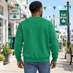 Back view of a man wearing a plain Kelly Green crewneck sweatshirt outdoors