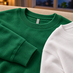 Close-up of the Kelly Green and white sweatshirt necklines, cuffs and fabric