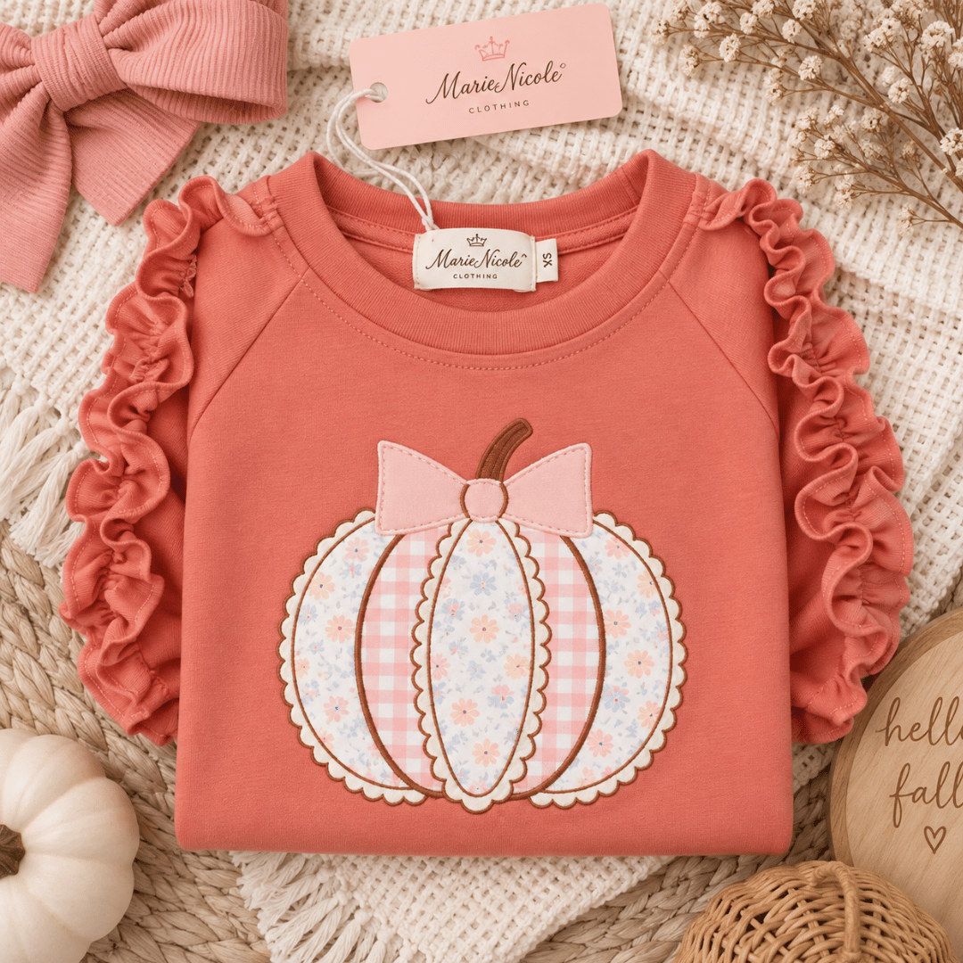 Marie Nicole Girls Fall Pumpkin Outfit – Embroidered Appliqué Ruffle Top & Floral Bell Bottom Set
