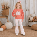 Marie Nicole Girls Fall Pumpkin Outfit – Embroidered Appliqué Ruffle Top & Floral Bell Bottom Set