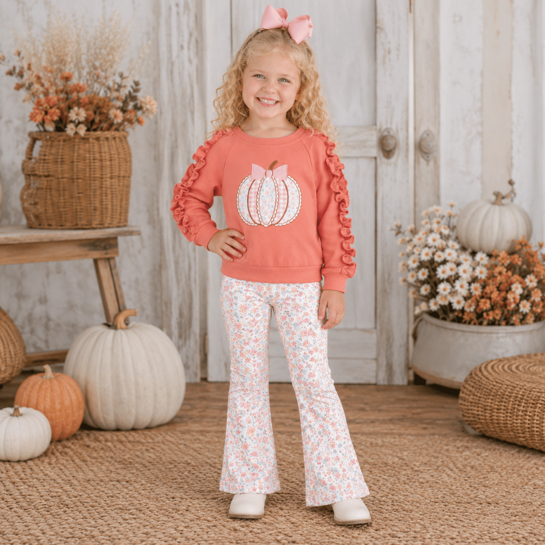 Marie Nicole Girls Fall Pumpkin Outfit – Embroidered Appliqué Ruffle Top & Floral Bell Bottom Set