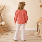 Marie Nicole Girls Fall Pumpkin Outfit – Embroidered Appliqué Ruffle Top & Floral Bell Bottom Set