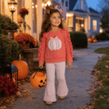 Marie Nicole Girls Fall Pumpkin Outfit – Embroidered Appliqué Ruffle Top & Floral Bell Bottom Set