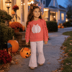 Marie Nicole Girls Fall Pumpkin Outfit – Embroidered Appliqué Ruffle Top & Floral Bell Bottom Set