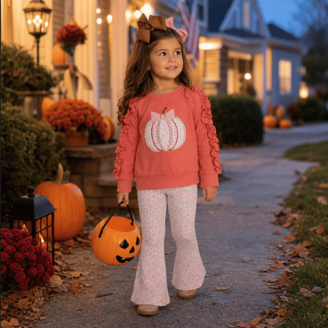 Marie Nicole Girls Fall Pumpkin Outfit – Embroidered Appliqué Ruffle Top & Floral Bell Bottom Set
