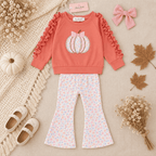 Marie Nicole Girls Fall Pumpkin Outfit – Embroidered Appliqué Ruffle Top & Floral Bell Bottom Set