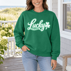 Woman wearing a kelly green sweatshirt ith 'Lucky North Wildwood' print
