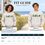 Fit guide showing two models in the Heather Dust Lucky sweatshirt and a garment measurement chart
