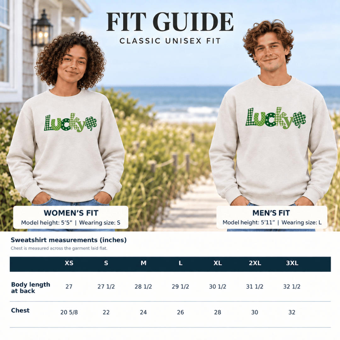 Fit guide showing two models in the Heather Dust Lucky sweatshirt and a garment measurement chart