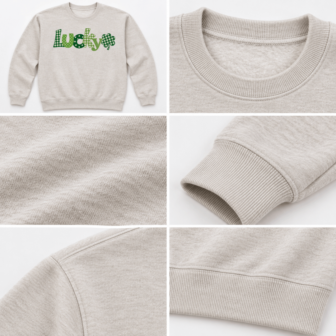 Collage showing the Lucky graphic sweatshirt, neckline, fabric, cuff and waistband