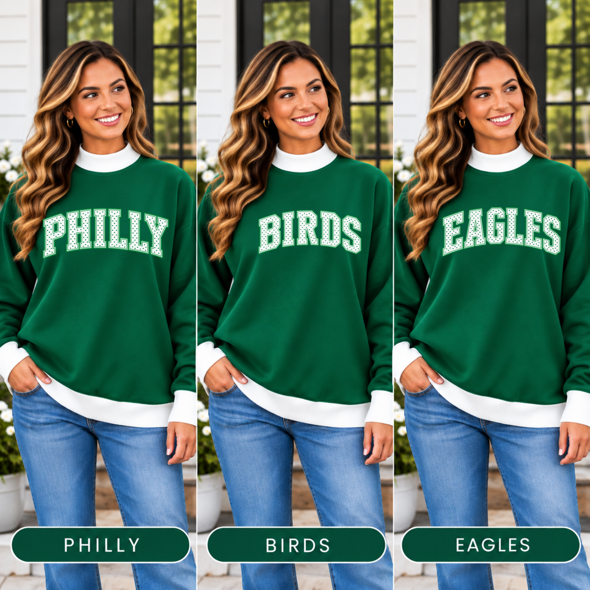 Women’s green Philly mock neck sweatshirt in PHILLY, BIRDS and EAGLES graphic design options