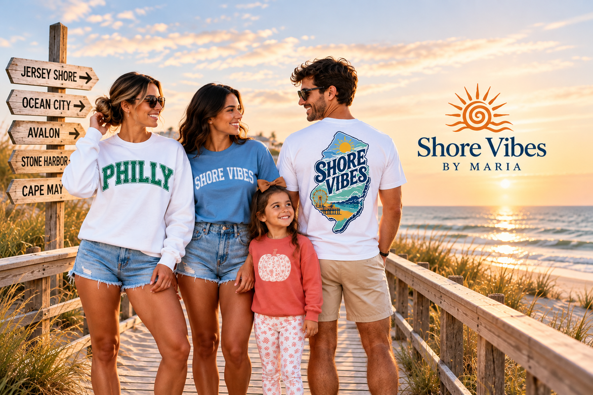 Shore Vibes by Maria models wearing graphic tees, sweatshirts and lifestyle apparel