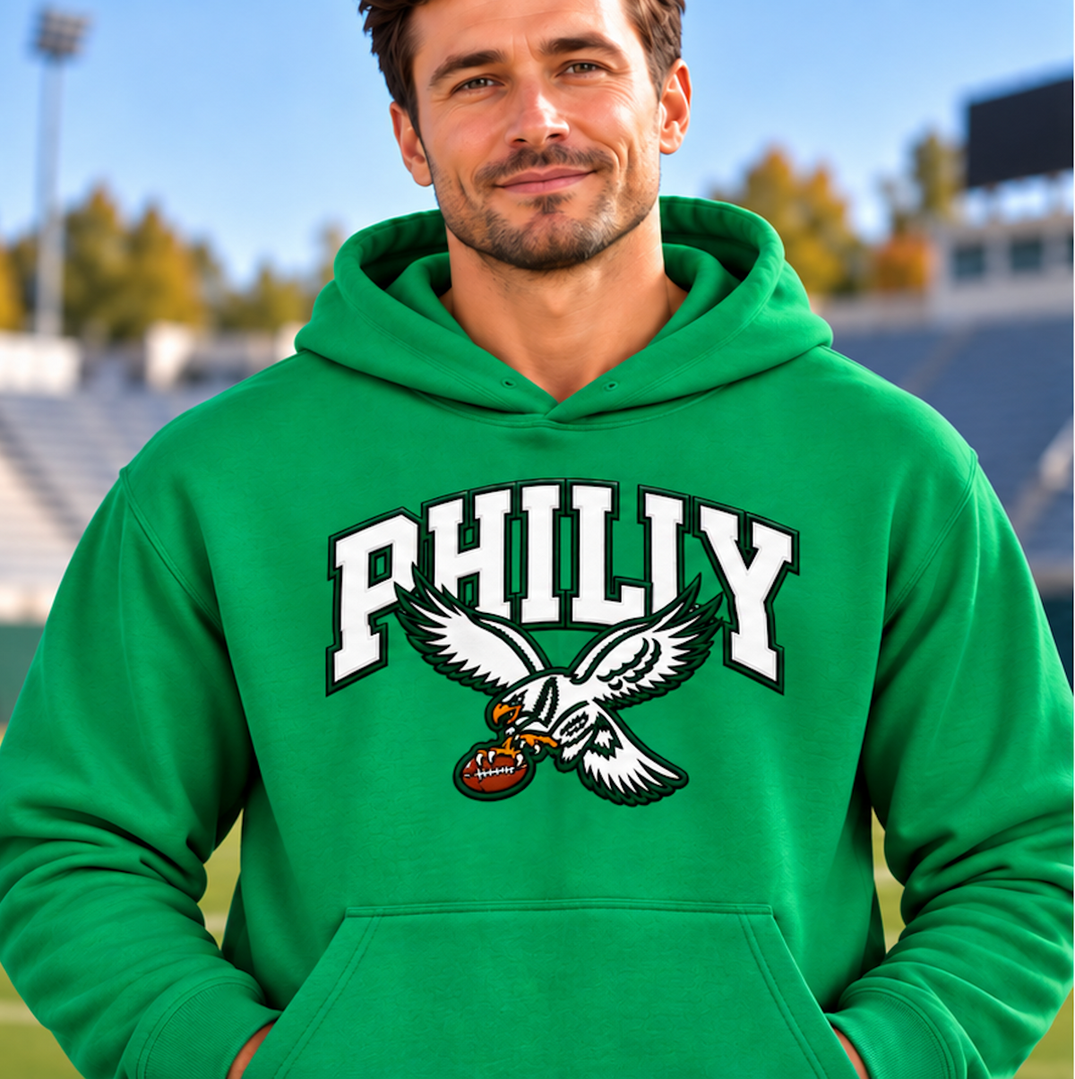 Man wearing a Kelly green Philly pullover hoodie with white varsity PHILLY lettering and an eagle carrying a football on the chest