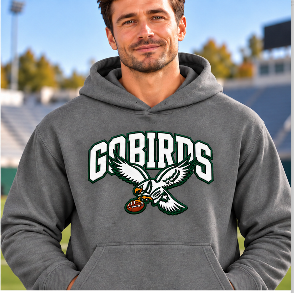 Man wearing a heather gray pullover hoodie with white and green varsity GO BIRDS lettering and an eagle carrying a football on the chest