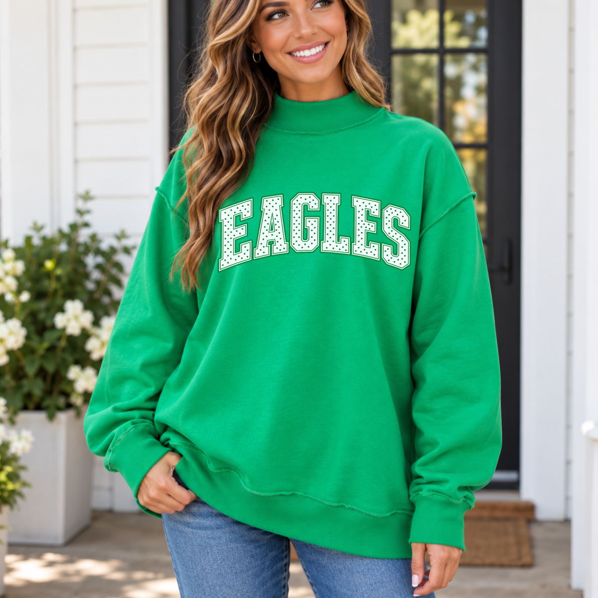 Women’s Kelly green Philly mock neck sweatshirt with white EAGLES polka dot lettering for game day