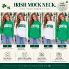 IRISH mock neck sweatshirt fit guide showing women’s sizes S, M, L, XL and 2XL