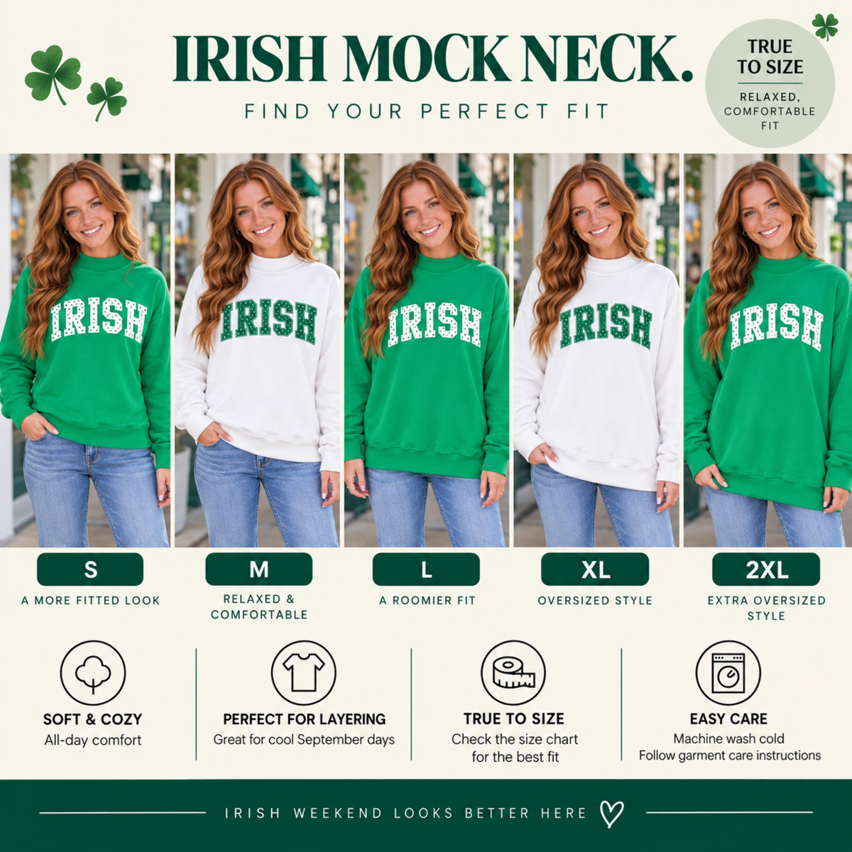 IRISH mock neck sweatshirt fit guide showing women’s sizes S, M, L, XL and 2XL