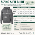 Bella+Canvas 3719 unisex hoodie size and fit guide with chest and body length measurements in inches