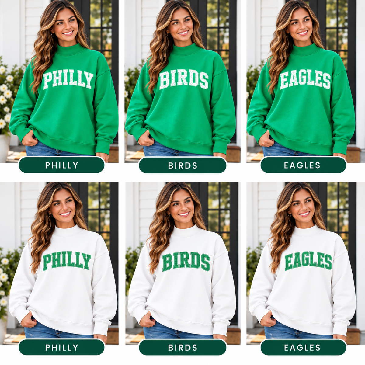 Women’s Philly mock neck sweatshirts in Kelly green and white with PHILLY, BIRDS and EAGLES designs