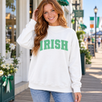 Women’s white IRISH mock neck sweatshirt with green polka dot lettering for Irish Weekend