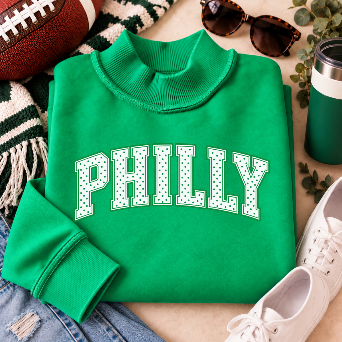 Women’s Kelly green Philly mock neck sweatshirt with white PHILLY polka dot design styled with football game day accessories