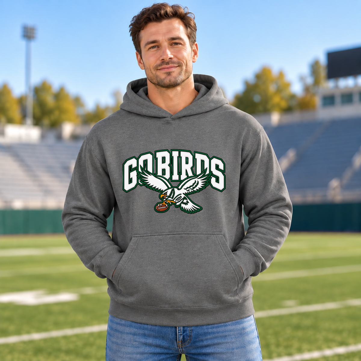 Man in jeans standing on a football field, wearing a heather gray pullover hoodie with white and green varsity GO BIRDS lettering and an eagle carrying a football on the chest